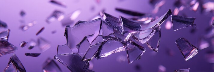Floating broken glass shards against purple background