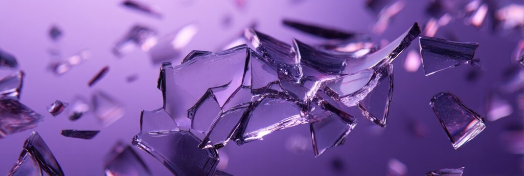 Floating broken glass shards against purple background