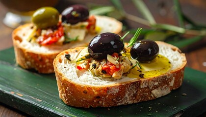 Two toasted slices of bread topped with a flavorful mixture of olives, vegetables, and herbs, drizzled with olive oil, presented on a dark green wooden board.
