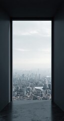 Fototapeta premium City vista framed by dark walls, open doorway, and gray sky