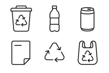 Recycling symbols and waste management icons: bin, bottle, can, paper, triangle, bag