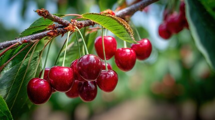 Obraz premium Cherries dangling from tree with green foliage and blue sky in background