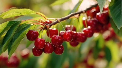   A lush tree, adorned with cherry blossoms, offers a stunning backdrop for a cluster of juicy cherries The soft focus in the background adds depth to the