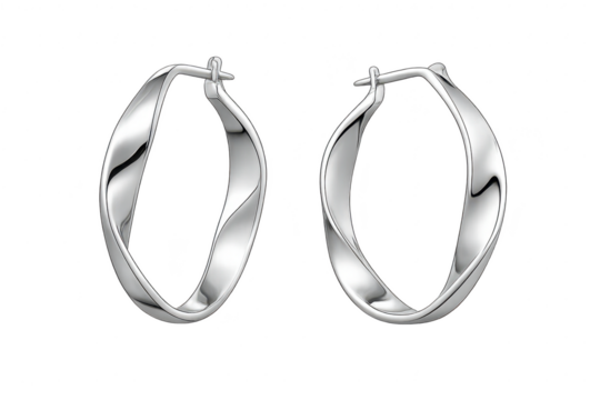 Elegant twisted silver hoop earrings isolated on transparent background.
