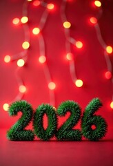 Numbers 2026 on red background with lights. Christmas card. Vertical format.