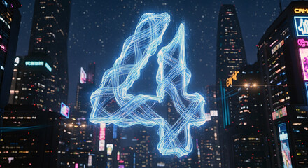 Neon Number Four Glows Brightly Above Futuristic Cyberpunk Cityscape Night
