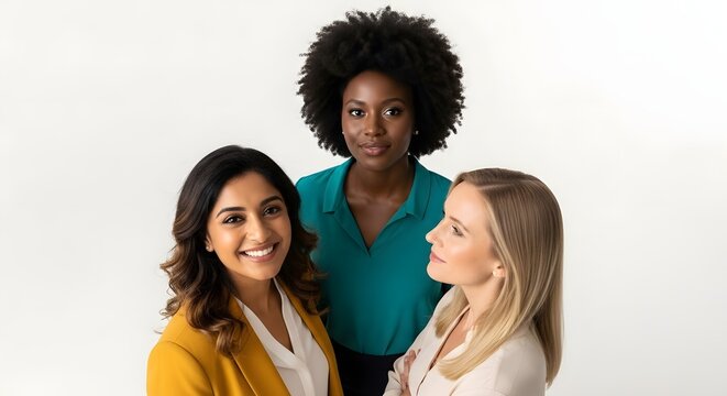 Three Diverse Women Collaborating in a Modern Office, Smiling and Discussing Ideas - Powered by Adobe