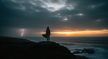 Solitary Figure Watches Storm And Sunset Collide Over Ocean