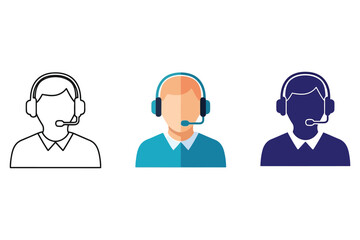 Vector art of customer service representative wearing a headset, available in line art, color, and solid fill, ideal for illustrating support