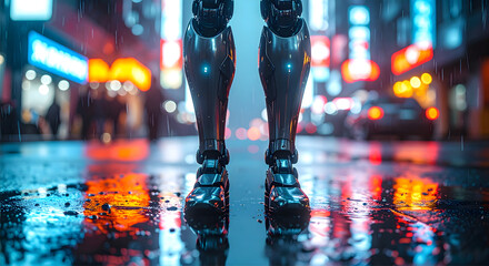 Futuristic robot legs stand in a rain-slicked street, reflecting neon lights.