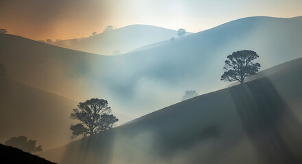A serene landscape of rolling hills shrouded in mist with trees silhouetted against the sky ai generated
