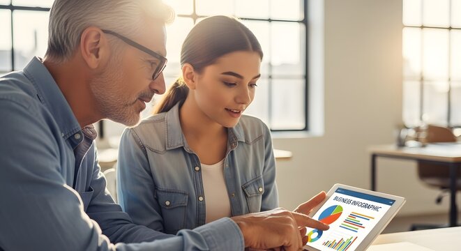 Two Professionals Collaborating in Modern Office, Discussing Project on Tablet
