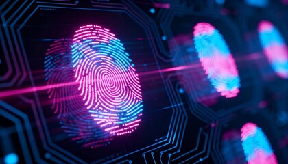 Abstract digital fingerprint hologram in neon pink and blue, cyber identity protection, dark tech background