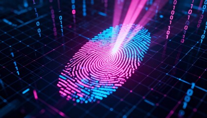 Abstract digital fingerprint hologram in neon pink and blue, cyber identity protection, dark tech background