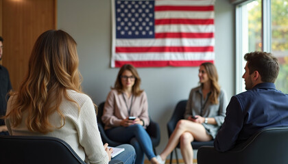 Diverse Group Engaged in Indoor Meeting with American Flag
