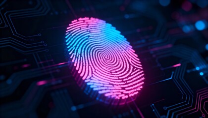 Abstract digital fingerprint hologram in neon pink and blue, cyber identity protection, dark tech background