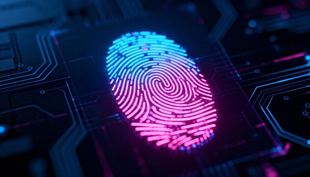 Abstract digital fingerprint hologram in neon pink and blue, cyber identity protection, dark tech background