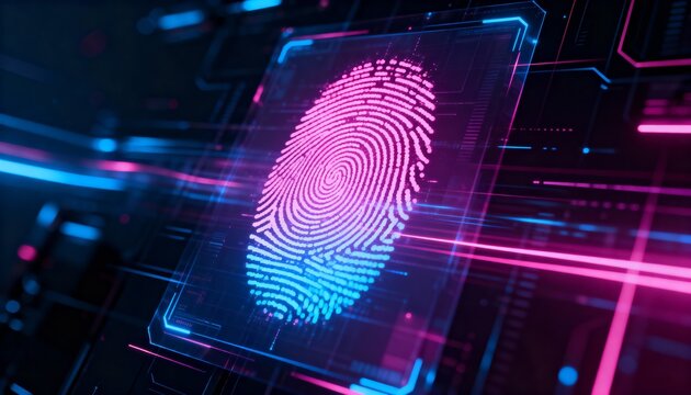 Abstract digital fingerprint hologram in neon pink and blue, cyber identity protection, dark tech background
