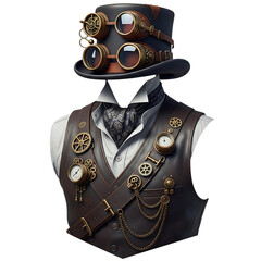Steampunk gentleman bust with goggles and clockwork accessories isolated on transparent background