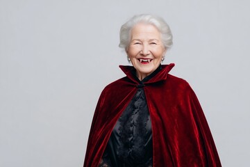 Smiling elderly woman in vampire costume with red velvet cape