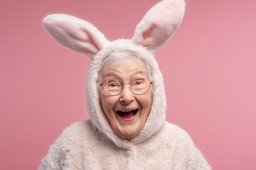 Happy elderly woman wearing fuzzy bunny costume against pink background