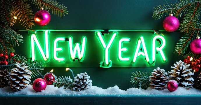 Bright neon sign displays New Year. Festive decorations include pinecones, ornaments, branches, snow. Celebratory, joyful winter scene.