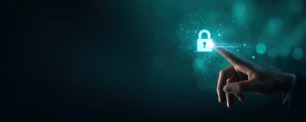 hand of a business person touching a digital padlock icon