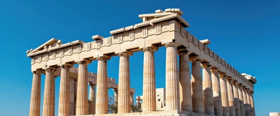 A very tall building with many pillars in front of it.