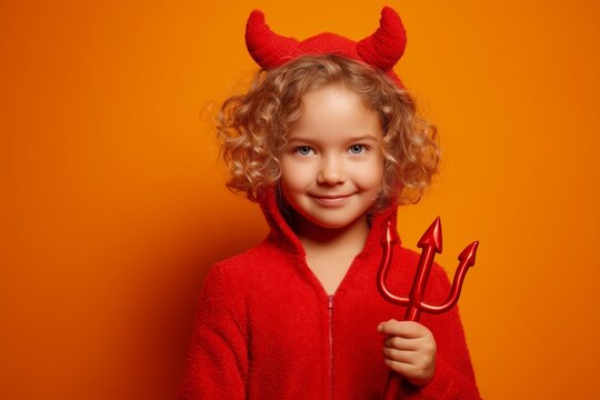 Cute girl in red devil costume holding trident on orange background