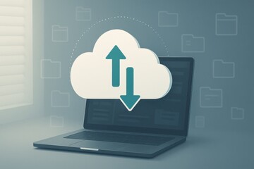 Laptop with glowing 3D cloud upload download icon symbolizing cloud computing, online storage and secure data transfer
