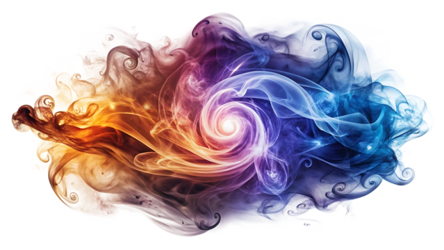 A swirling vortex of colorful smoke isolated on transparent background, featuring hues of orange, purple, blue, and white in a mesmerizing pattern