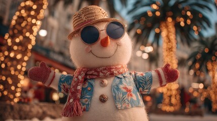 Cheerful snowman wearing sunglasses and floral shirt in a festive holiday setting