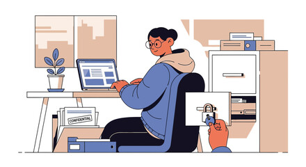 Illustration depicting data privacy and security in an office environment with computer use