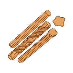 Illustration of three golden-brown churros, one plain, one with a spiral pattern, and one with a sweet topping, alongside a dollop of the topping.