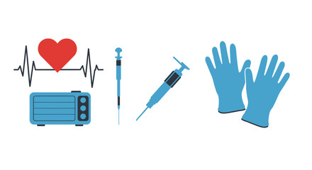 Medical equipment including heart monitor ecg syringe and blue medical gloves health and healthcare concept Flat design vector illustration white background.