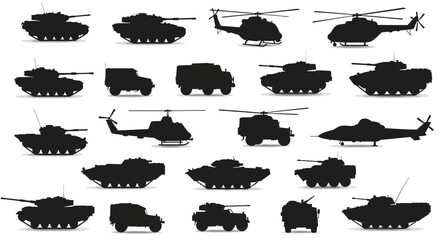 Collection of military vehicles silhouettes including tanks and helicopters for design projects Flat design vector illustration white background. © Hridoy