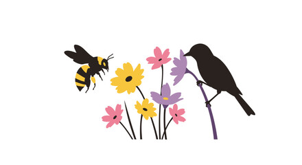 Wasp and bird silhouette amongst vibrant wildflowers nature scene for design and illustration Flat design vector illustration white background. © Hridoy