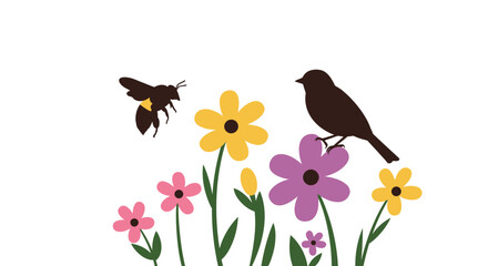 Charming spring scene with a bird and bee among colorful flowers for nature lovers Flat design vector illustration white background.