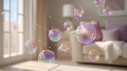   Living room with many colorful bubbles in front of white couch and pink cushion