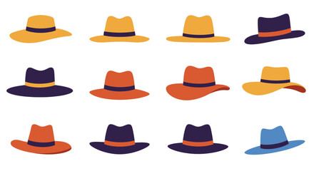 Collection of diverse fedora hats in various colors and styles Flat design vector illustration white background.