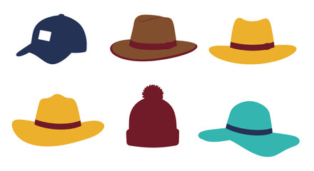 Collection of six diverse hats apparel fashion headwear accessories styles for all seasons Flat design vector illustration white background.