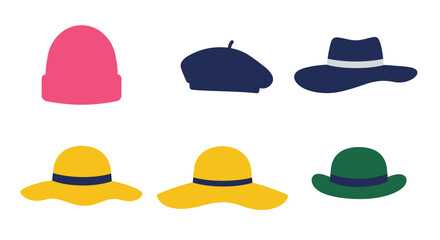 Collection of stylish hats for various occasions and seasons trendy headwear fashion accessories Flat design vector illustration white background.