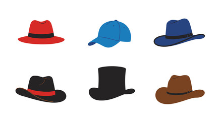 Collection of six diverse hats including fedoras top hats and cowboy hats Flat design vector illustration white background.