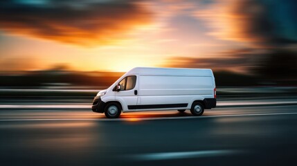 white delivery van on the highway at sunset