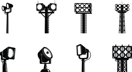 Silhouette vector collection of stadium floodlight towers, spotlights, arena lighting poles, sports ground illumination lamps, and outdoor light structures