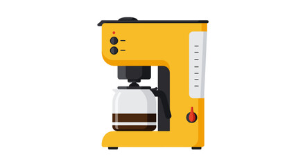 Bright yellow coffee maker with glass carafe enjoy freshly brewed coffee at home Flat design vector illustration white background.