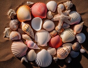 Beach Treasures: A vibrant collection of seashells and a starfish displayed on a textured brown surface, invoking memories of the sea.