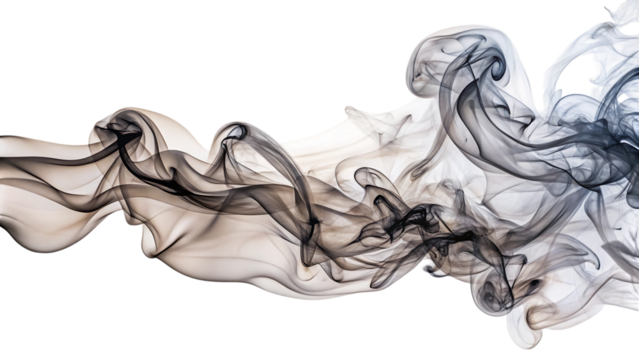 Dramatic smoke swirls isolated on transparent background create a dynamic abstract composition with intricate patterns and captivating visual texture