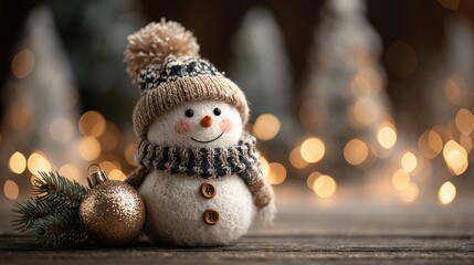 Obraz premium Winter scene with a cheerful snowman and festive decorations on a wooden table
