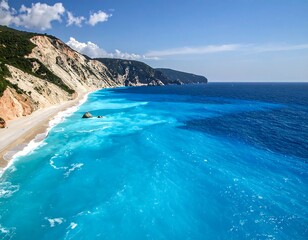 A breathtaking coastal view showcases a vibrant turquoise ocean meeting a pristine, sandy beach, framed by dramatic, colorful cliffs under a clear, sunny sky.